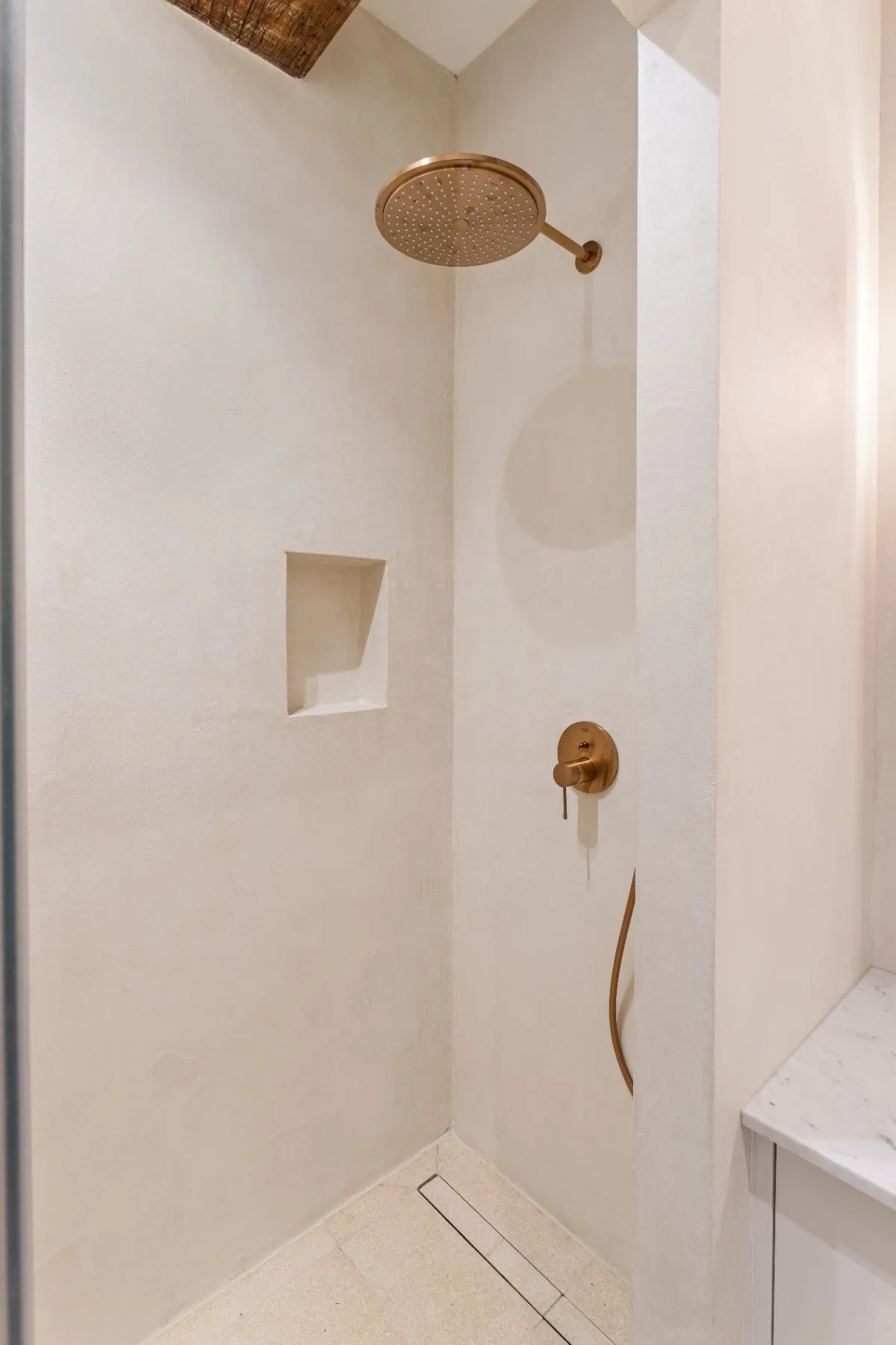 A walk-in shower room